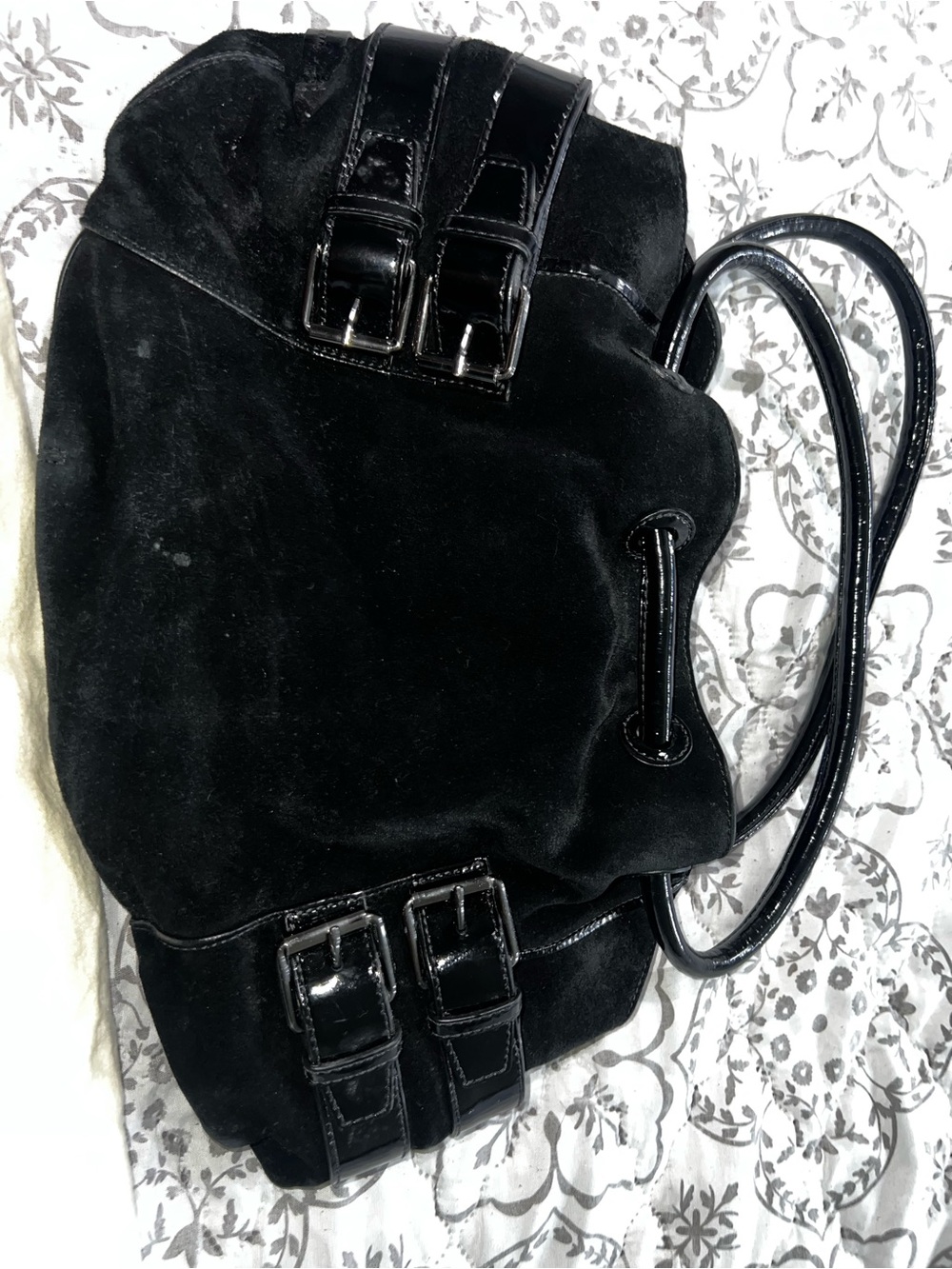 Cole Haan Black Suede and Patent Trim Bucket Bag